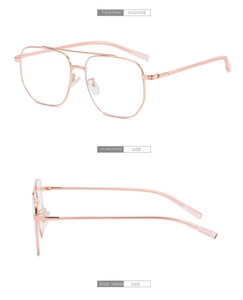 Three-way view of rose gold metal aviator glasses with double bridge and polygon frame