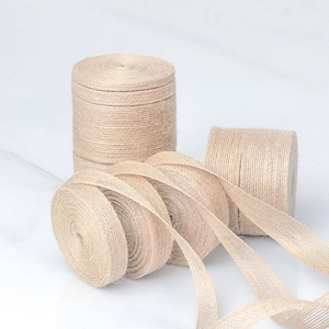 Natural jute ribbon rolls for DIY crafts in multiple widths on white background