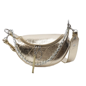 Metallic gold crescent moon waist bag with silver chain detail and adjustable strap