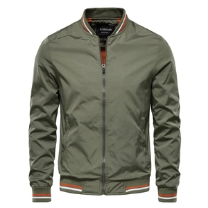 Army green bomber jacket for men with striped ribbed trim and contrast orange lining