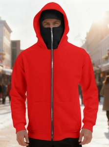 Detail of red hoodie with black full-face zipper mask and urban street style design