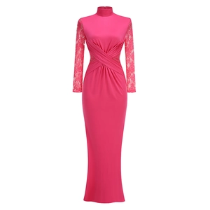 Detailed view of magenta lace sleeves and ruched waist on a slim fit maxi dress