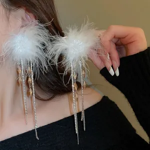 Elegant white feather tassel drop earrings with sparkling rhinestones for women
