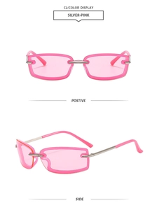 Detail view of Y2K square sunglasses with silver metal frame and pink lenses