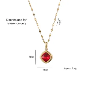 Gold square necklace with red rhinestone pendant and adjustable 40+5cm scale chain
