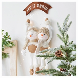 Hanging Christmas snowman plush ornament with Let It Snow sign and knitted warm brown hats