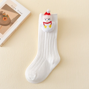 Close-up of a white ribbed cotton sock with a cute 3D plush snowman and red hat detail