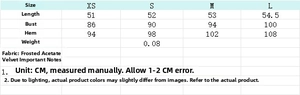 Detailed size chart for lace trim top and asymmetrical skirt with fabric specifications