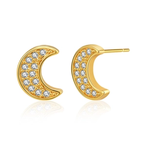 Minimalist geometric crescent moon earrings in 18k gold plating with inlaid zircon stones