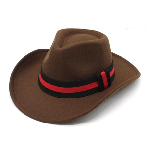 Brown wool felt western cowboy hat with a red and black decorative ribbon band