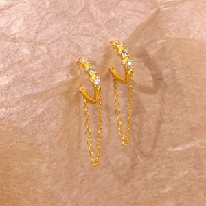 Elegant gold S925 silver star hoop earrings with zircon stones and long chain tassels