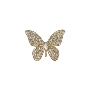 Elegant gold butterfly brooch featuring clear sparkling rhinestones on a white background