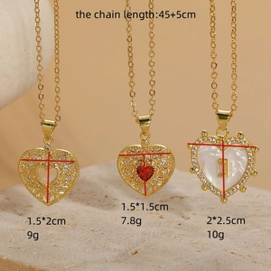 Three 14K gold plated heart pendants with zircons and shell inlay on dainty chains