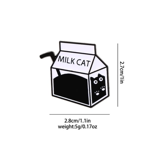 Detail of cute cat milk carton enamel pin with size metrics 2.7cm and weight 5g