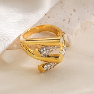 Modern two-tone geometric overlapping ring with pave set cubic zirconia crystals