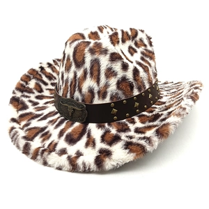 Leopard print faux fur fedora cowboy hat with metal bull buckle and studded leather band