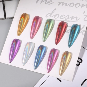 Holographic laser mirror effect stiletto false nails set in vibrant multicolor metallic finish