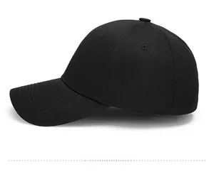 Detailed side view of a classic black cotton baseball cap with structured six-panel design