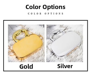 Detailed view of elegant acrylic mirror clutch bags in gold and silver with metal handles