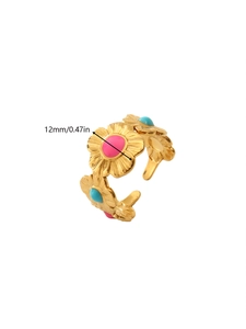 Detail view of 18k gold flower ring with pink and turquoise stones showing 12mm width size