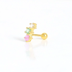Detail showing gold 925 silver cartilage stud with white green and pink gemstones