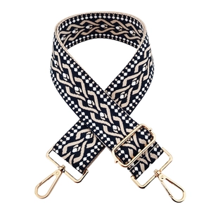 Detail of 5cm ethnic geometric jacquard strap with gold adjustable metal hardware