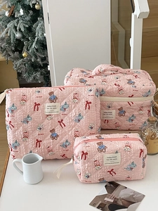 Quilted Cotton Makeup Bag Cute Cartoon Animal Pattern Cosmetic Organizer Travel Toiletries Pouch Soft Pink Zipper Case