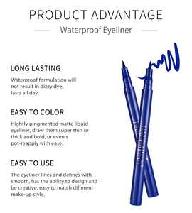 Blue waterproof eyeliner pen detail showing long lasting and smudge-proof product features