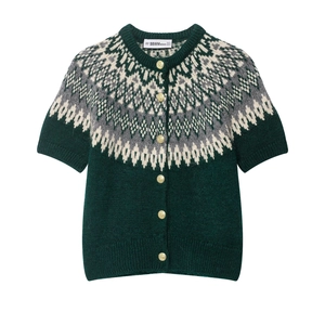 Women Knitted Cardigan Short Sleeve Fair Isle Jacquard Round Neck Gold Buttons Polyester Vintage Sweater Top Dark Green