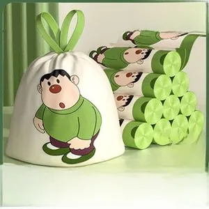 Close-up of thickened drawstring trash bags with cartoon prints and high toughness texture