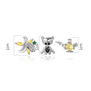 Three-piece set of silver animal earrings with colorful zircons and 1cm size markers