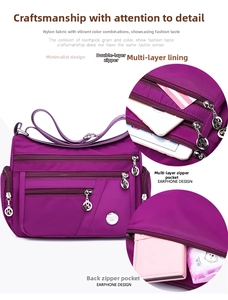 Detail view of purple nylon crossbody bag featuring multi-layer zipper pockets and large capacity