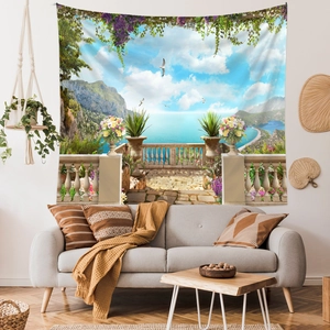Detailed Mediterranean landscape tapestry featuring balcony views over the blue sea