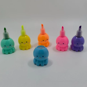 Detail shot of six octopus-shaped pastel highlighters in various vibrant colors