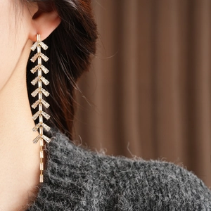 Detailed close-up of long tassel earrings with sparkling zircon stones in a V-shaped design