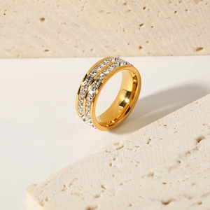 Elegant 18k gold plated stainless steel ring with double rows of sparkling zircon stones