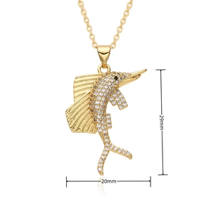 Detailed view of gold-plated marlin pendant with white zircon and 29x20mm dimensions