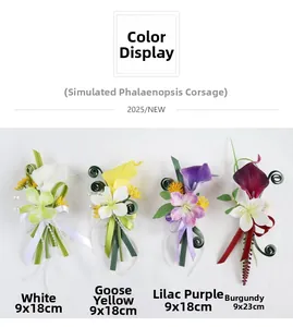 Detail view of artificial calla lily and orchid corsages in white, yellow, purple, and red
