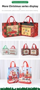 Detailed close-up of various Christmas non-woven gift bags with elk and santa patterns