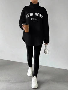 Sweat-shirt oversize en polaire noire avec broderie blanche pour femme style urbain