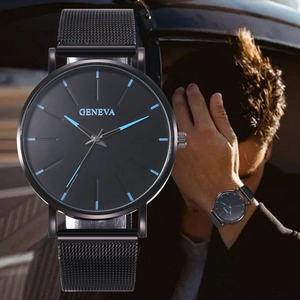 Close-up of Geneva men's watch with black dial, blue hands and black mesh strap