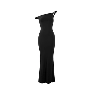Detail of elegant black one-shoulder dress showing the slim fit waist and soft draping fabric