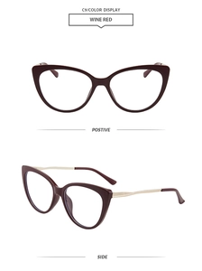 Detailed view of wine red cat eye glasses frames with gold metal temples from dual angles