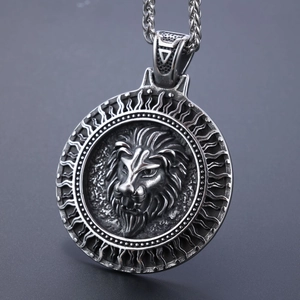 Vintage stainless steel necklace with a Viking lion head relief round pendant in silver