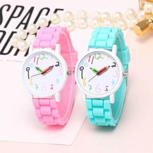 Close-up of kids' watches with creative pencil-shaped hands and soft silicone straps