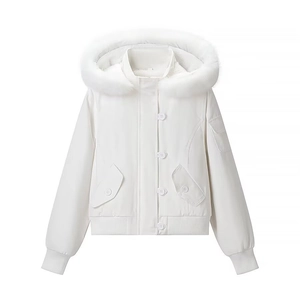 Short white hooded jacket with faux fur trim, snap buttons and ribbed cuffs for women