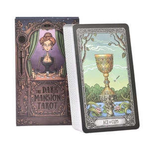 Detail of The Dark Mansion Tarot box with Ace of Cups card and thick deck stack