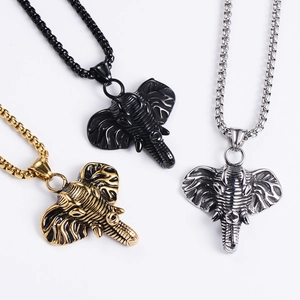 304 stainless steel elephant head pendant necklace in black, gold, and silver finishes