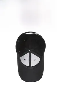 Internal detail of black distressed baseball cap with sweatband and reinforced lining