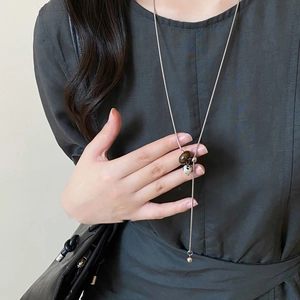 Elegant silver stainless steel Y-shaped necklace with tiger eye stone and beaded pendants